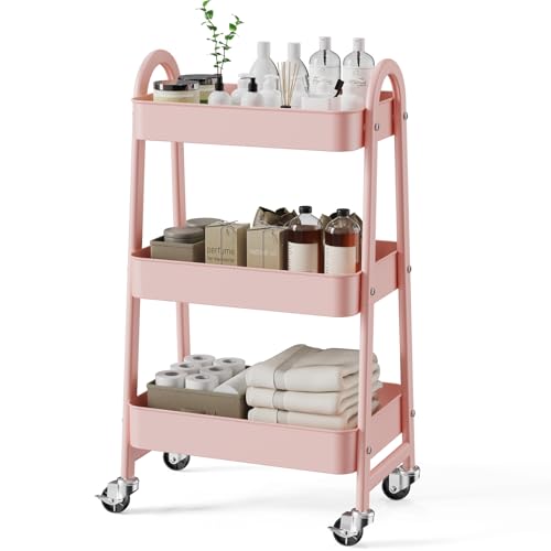 Pink 3-Tier Metal Rolling Storage Cart with Lockable Wheels - 17 Inch