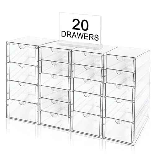 Acrylic Makeup Organizer with 20 Drawers, 4 Set Clear Storage Drawers, Acrylic Drawer Organizer and Storage for Desktop Office Supplies Make Up Pen Hair Accessories