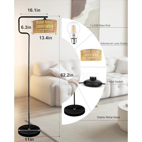 Lightdot 62IN Arc Rattan Floor Lamps for Living Room, Boho Standing Lamp with Rattan& Linen Double Lampshades, E26 3000K Soft Warm White Bohemian Caged Floor Lamp for Bedroom, Office-Black