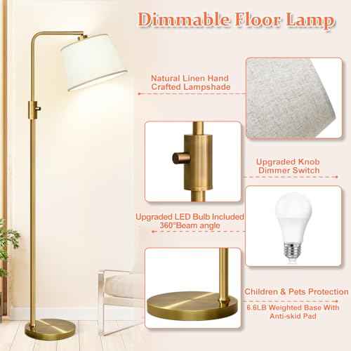 Nintiue Dimmable Floor Lamp, 1000 LM LED Edison Bulb Included, Arc Floor Lamps for Living Room Modern Standing Lamp Tall Lamps for Living Room Bedroom-Brass