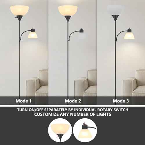 Floor Lamp for Living Room 9W LED Torchiere Floor Lamp with 9W Adjustable Reading Lamp Black 72"" Tall Floor Lamps for Bedroom Office Two Independent Rotary switches Including 2 Light Bulbs., LB-KC05