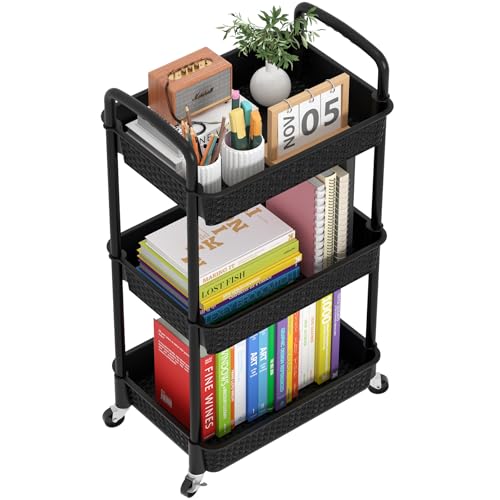 MOYIPIN 3-Tier Rolling Utility Cart with Handle, Black, 31.1" High, 15.35"D x 11.41"W, 360° Casters