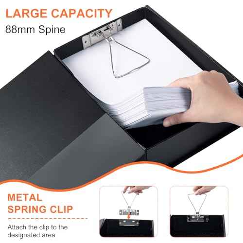Storage File Boxes 4 Pack, Foldable Archives Cases with Clip, 88mm Spine, File Boxes with Magnetic Closure, Plastic Document File Organizer Storage, Black