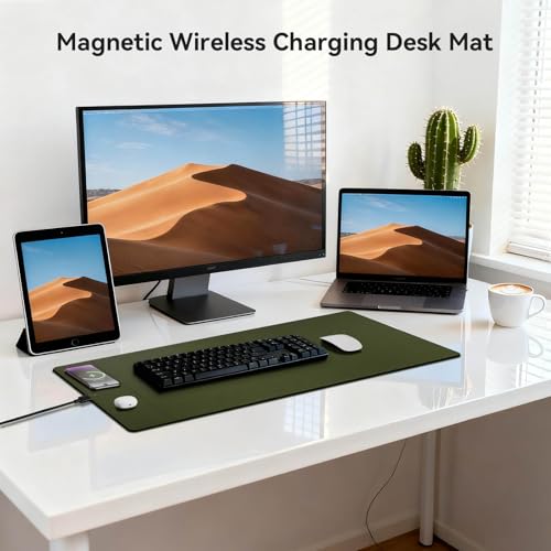 Wireless Charging Mouse Pad, 15W Fast Charge Magnetic Charger Desk Pad, Large Office Desk Mat (35.4"x16.9") with Ultra-Smooth Surface, Military Green Computer Mousepad for MacBook, PC, Laptop
