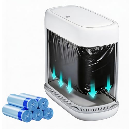 Slim White Bathroom Trash Can with Lid & Air-Press Bag Expander, Pet-Proof, Narrow Space Waste Bin