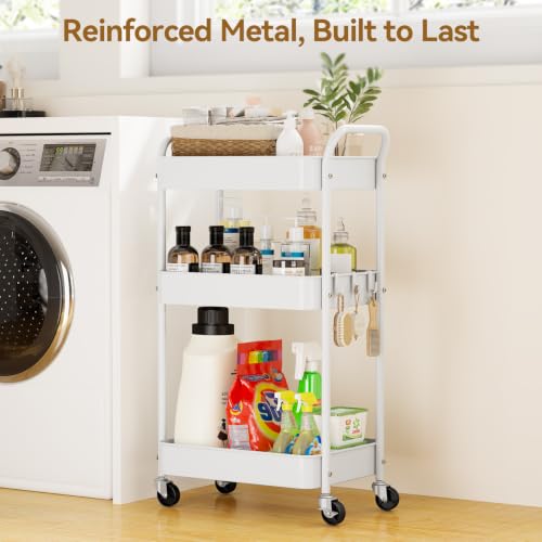YASONIC White 3-Tier Metal Utility Cart with Wheels - Heavy-Duty Storage Organizer