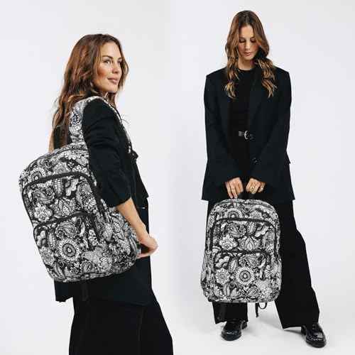 Searock Quilted Backpack for Women, Floral Backpack for School Girls, Cotton Lightweight Bookbag for Travel, Work Black