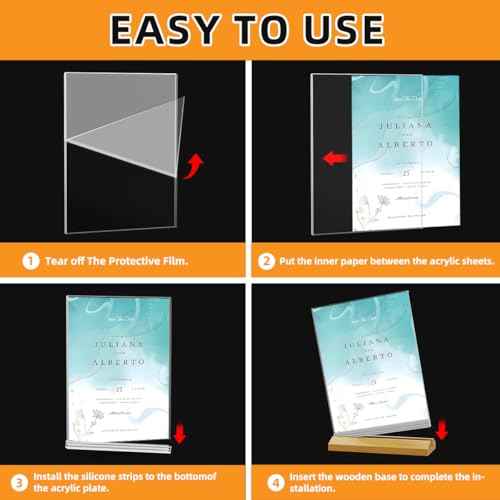Acrylic Sign Holder 8.5 x 11 Inch 10 Pack, Wood Base Paper Stand for Menu Flyer Display, Table Top Clear Plastic Picture Frame for Stores, Restaurants, Hotels, Office, Farmers Market Show Fair Decor.