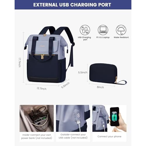 LOVEVOOK Laptop Backpack for Women, 15.6 Inch Work Laptop Bag with USB Port, Fashion Teacher Nurse Backpack Purse, Waterproof Travel Computer Backpack with Organizer Bag, 2PCS, Grey Blue-Ink Blue