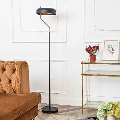 GLOBE Electric 67506 Powell 63" Floor Lamp, Matte Black, Antique Brass Accent, Stepless Rotary Dimmer Switch on Socket