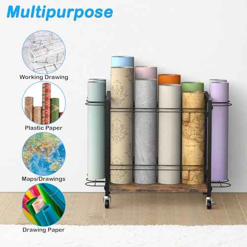 Blueprint Storage Rack Cart,18 Slots Blueprint Holder with Wheels,Used for Wrapping Paper Storage,Gift Wrapping Organizer Storage,Organizing Posters, Architectural Plans and Artwork Stably(Brown)