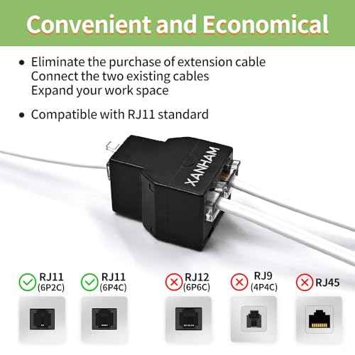 Phone Cable 2 Way Splitter RJ11 6P4C Telephone Line Cord Adapter with 3 inch Cable for Landline Phone Wire, Black, AV01203