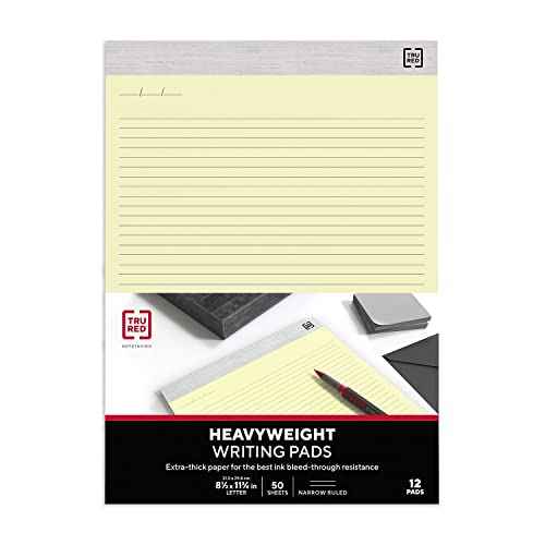 TRU RED Staples Notepads, 8.5-inch x 11.75-inch, Narrow Ruled, Canary, 50 Sheets/Pad, 12 Pads/Pack (TR57383)