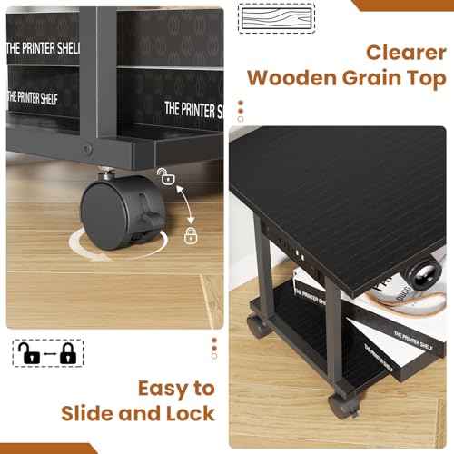 Printer Table, 2-Tier Under Desk Printer Stand with Charging Station, Printer Stand with Wheels, PrinterShelf for Small Spaces, Printer Cart for Home Office Black