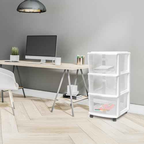 HOMZ Drawer Tower, 3-Tier Clear Plastic Storage Organizer Cart, White Frame - Heavy-Duty Organizing Drawers for Home, Bedroom, and Closet Organization