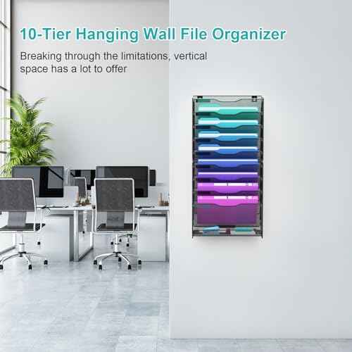 10 Tier Hanging Wall File Organizer, Wall File Holder Organizer Mounted Letter Mail Magazine File Rack With Flat Tray For Office Home School, Black