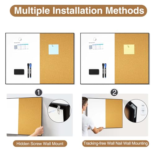Black Cork & Whiteboard Combo - 18x24 Inches Wall Vision Board with Markers