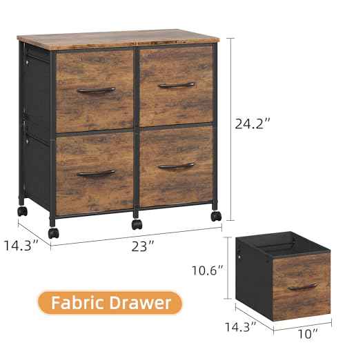 4 Drawer Lateral File Cabinet, Mobile Filing Cabinet for Large Printer, Home Office Functional Small Office Storage Cabinet & Printer Stand, Fabric Drawer, Fits Letter/A4, Rustic Brown