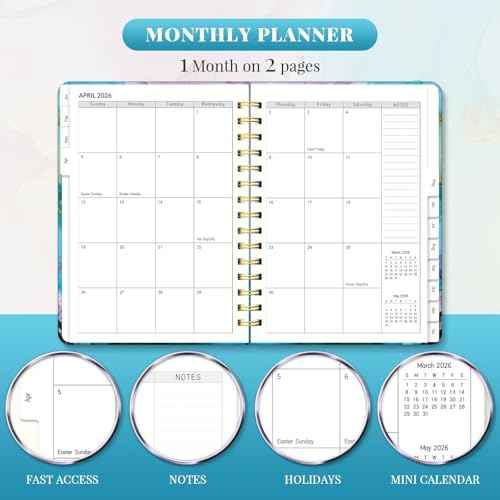 2026 Planner, A5 Weekly and Monthly Planners with Tabs, Spiral Bound Daily Calendar 2026 Planner, Agenda Organizers from Jan. to Dec., Hardcover Habit Tracker Journal 6.18" x 8.5"(Cyan Marble)