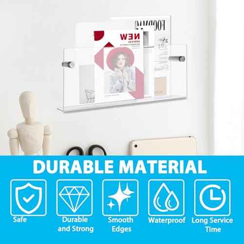 4PCS Acrylic Magazine Rack 16 Inch Wall Mount Acrylic Magazine Holder Acrylics Wall Organizer 16 Inch Floating Magazines Display Acrylics Book Shelves Walled Magazines Holder for library
