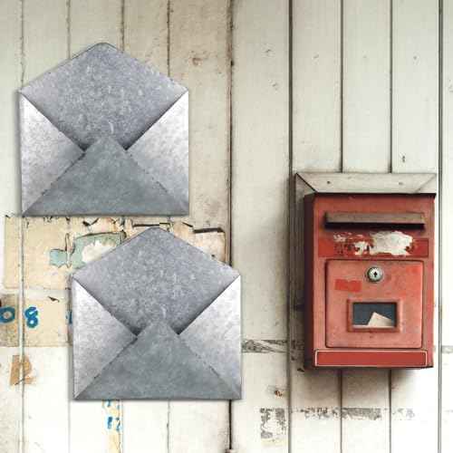 2 Pcs Galvanized Metal Envelope, Wall Mail Organizer Holder Mounted Rustic Wall Holder Farmhouse Pocket for Storage Mail Postcards Letters Bills Home and Office Decor