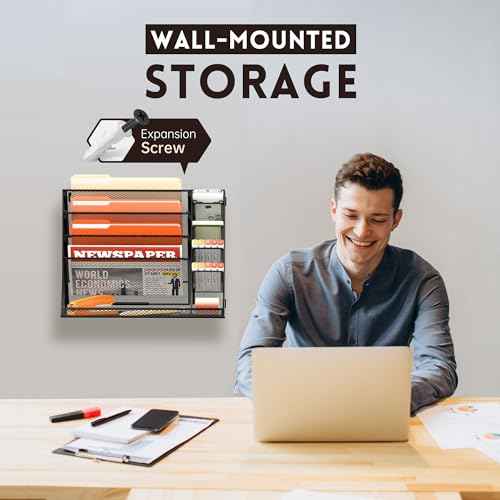 SUPEASY Wall File Organizer, 5-Tier office wall organizer with 4 Pen Holders, Wall Organizer for Office with R-shaped Bottom Tray, Metal Desk Organizer for Office, School, Home, Black