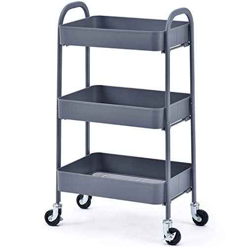 TOOLF Metal Utility Cart No Screw, 3-Tier Easy Assemble Utility Serving Cart, Sturdy Storage Trolley with Handles & Lockable Wheels for Kitchen Garage Bedroom Bathroom, Pure Grey