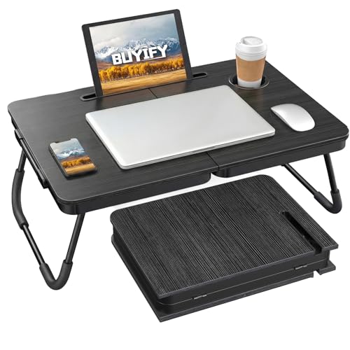 BUYIFY Black Foldable Lap Desk Bed Table with Cup Holder & Tablet Slot