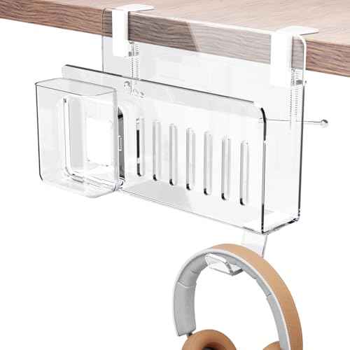 Acrylic Desk Side Storage,Under Desk Laptop Holder Storage Clamp on desk shelf,With Pen Holder and Headset Hook,Clear Desk Side Hanging Organizer accessories (transparent)