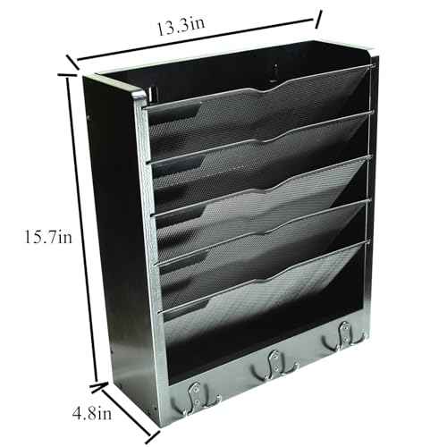Multi-Purpose No-Assembly Hanging Wall File & Mail Organizer - 3 Pairs of Hooks, Fits Desk with Side Panel/Door-Mountable (Black)