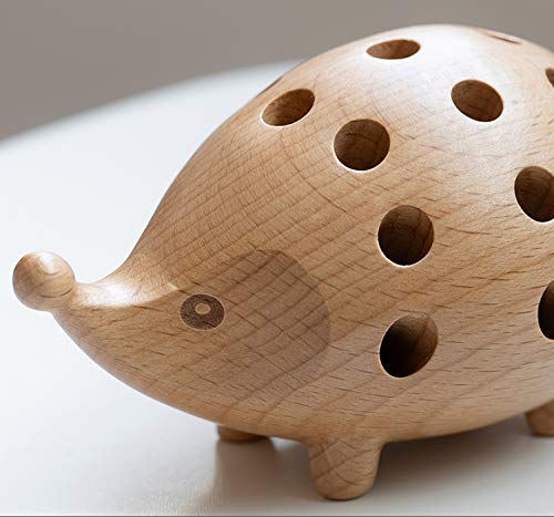 SANDECO Hedgehog Wooden Pen Cup Pencil Holder for Desk Decor Organizer Creative Home Tabletop Ornament Lovely Gift Wooden Storage