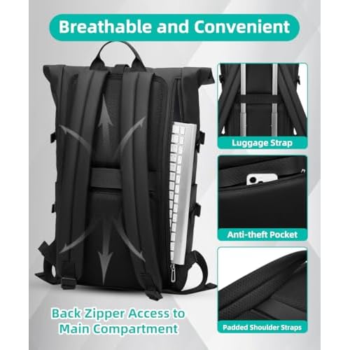 Rolltop Backpack Waterproof for Women & Men 33L Large Bike Backpack 15.6-inch Laptop Backpack Lightweight Perfect for Work School Travel and Outdoor Activities - Black