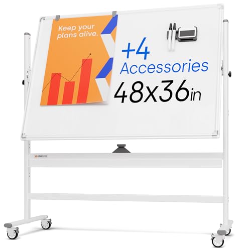 Rolling Dry Erase Board 48 x 36 - Large Portable Magnetic Whiteboard with Stand - Double Sided Easel Style Whiteboard with Wheels - Mobile Standing White Board for Office, Classroom & Home