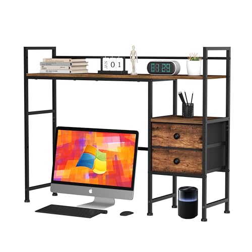 Desk Shelf,Desktop Organizer Shelf for Computer Monitor, 3 Tier Display Rack and 2 Fabric Drawers, Wood Desktop Bookshelf Storage Rack for Home Office,Dorm, Rustic Brown