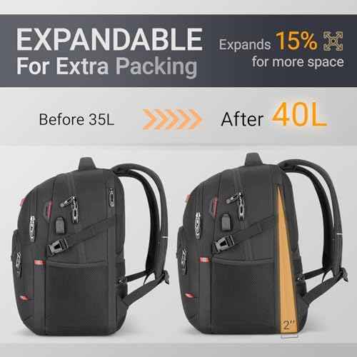 40L Expandable Laptop Backpack, Anti-thief Travel Backpack with USB Charging Port, Airline Approved Business Waterproof Carry on Luggage, Fits 15.6" Laptop for Men Women