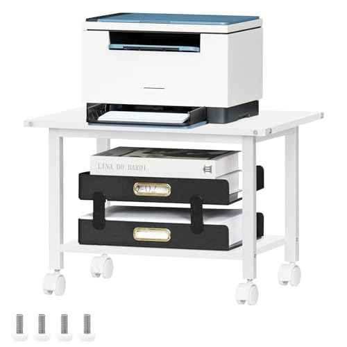 Lerliuo Under Desk Printer Stand, 2-Tier Industrial Mobile Printer Table with Storage Shelf and Steel Frame, Rolling Printer Cart Holder with Lockable Wheels for Home, Office (White)