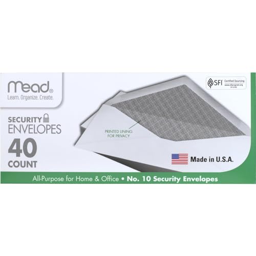 Mead #10 Envelopes 4-1/8 x 9-1/2 Inch Security-Lined White Gummed Closure 40 Pack