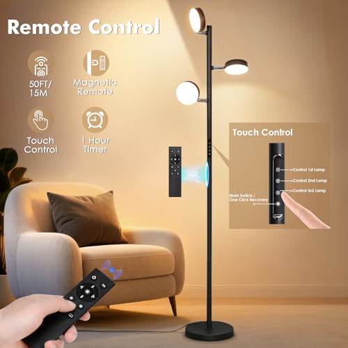 Tree Floor Lamp for Living Room - Modern Black Standing Lamp, LED Floor Light with Remote & Touch, 3000K-6000K Dimmable for Bedroom Office Reading (3 Head)
