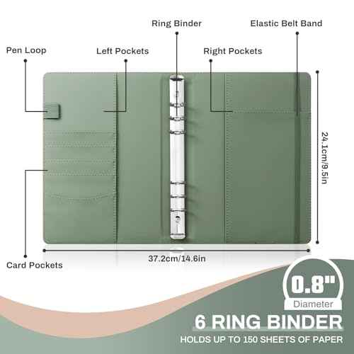 Aesthetic A5 Binder 6 Ring Refillable Notebook Planner Cover Small 0.8 Inch Loose Leaf Binder for Journaling or Collections Refillable Notebook Holder with Pocket