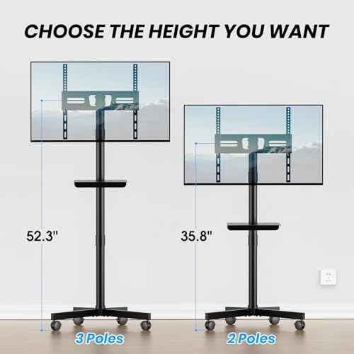 Mobile TV Cart for 23-60 Inch LCD LED OLED Flat Curved Screen TVs - Height Adjustable Rolling Floor Stand with Shelf and Locking Wheels - Up to 88lbs, Max VESA 400x400mm