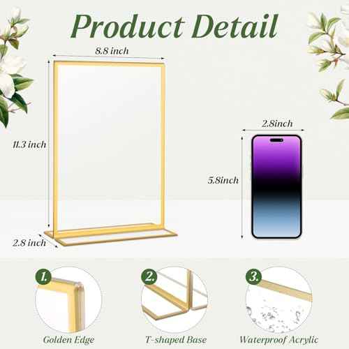 12 Pack Gold Acrylic Sign Holders 8.5x11 Inch, Double Sided Clear Acrylic Frames for Menu Displays, Wedding Table Numbers, Event Signage, Restaurant Posters and Office Document Holders