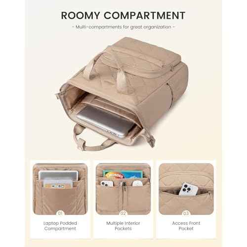 LOVEVOOK Laptop Backpack for Women, Puffer Quilted Computer Bag for Travel Work Business, Casual Daypack for Teacher Nurse,17.3 Inch, Khaki
