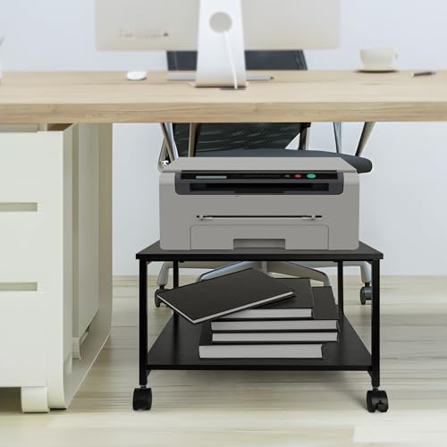 EMERIT 2-Tier Under Desk Printer Stand w/Storage - 19.5x19.5x12.8''Heavy Duty Rolling Cart, Mobile Printer Table with Lockable Wheels for Home Office Organization - Industrial Style