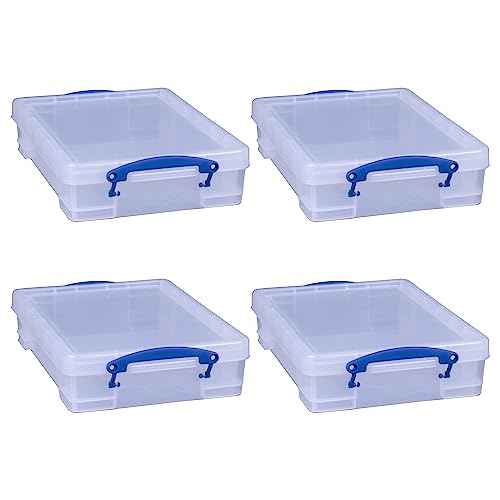 Really Useful Box 4 Liter Plastic Stackable Storage Container w/Snap Lid & Built-In Clip Lock Handles for Home & Office Organization, Clear (4 Pack)