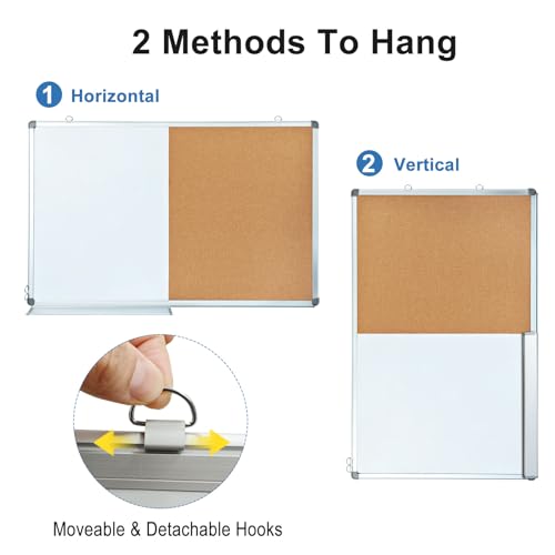 36x24 Inch Magnetic Whiteboard & Cork Bulletin Board Combo - Wall Mount Office Home School Organizer