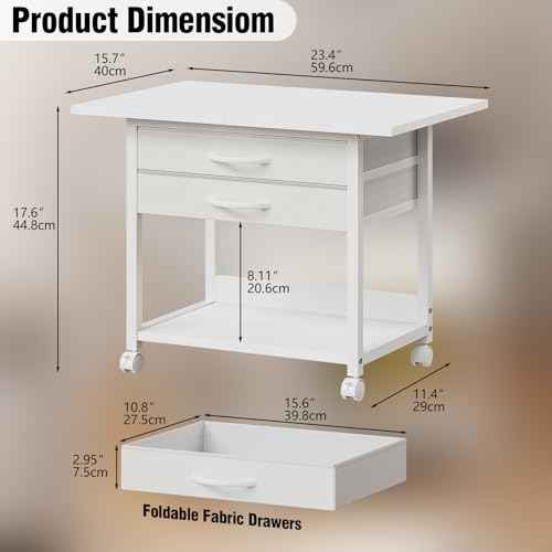 Large Printer Stand with Storage Fabric Drawer Under Desk Printer Table with Wheels for Home Office, Printer Cart fit Fax Machine Scanner 23.4"x15.7" (White, 2 Tiers)