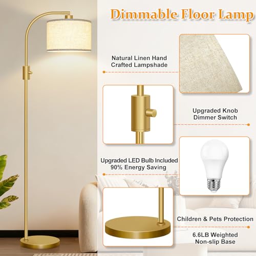 Nintiue Gold Linen Shade Modern Arc Floor Lamp with Dimmable LED Bulb Included