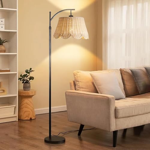 Arc Floor Lamp for Living Room£¬Rattan Boho Floor Lamp with Hand-Woven Wicker Shade, Foot Switch, Gold/Silvery Metal Base & Pole,Standing Lamp for Bedroom (Gold)