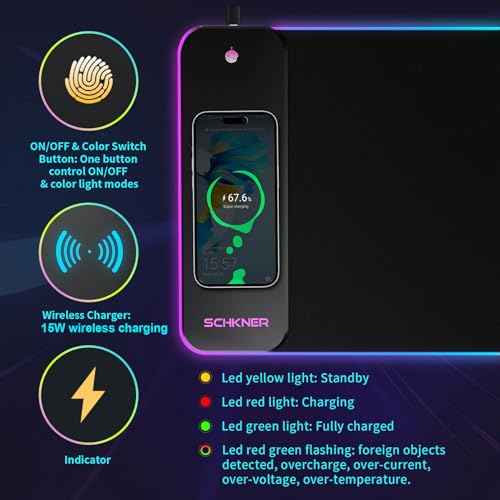 RGB Gaming Mouse Pad with Wireless Charging 15W, Large Desk Mat 800x300x4mm, 10 Light Modes Keyboard Pad with Non-Slip Rubber Base, Waterproof Mousepad for Gaming PC MacBook Laptop