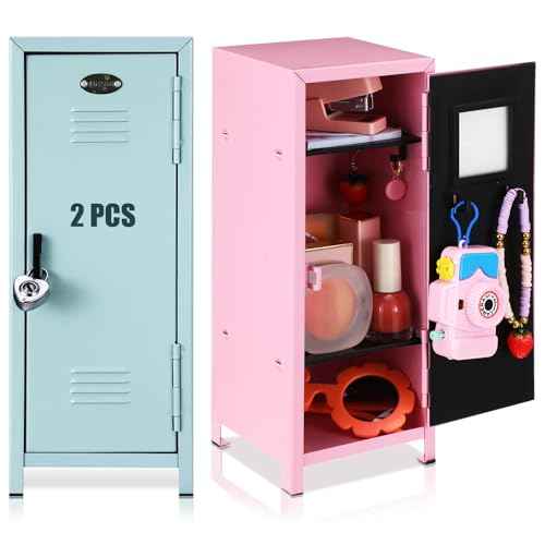 2 Pcs Christmas Mini Locker with Lock and 2 Keys 10.8 Inch Miniature Small Storage Locker Real Littles Cute for Xmas Santa Desktop School Home Office Container(Pink Teal)
